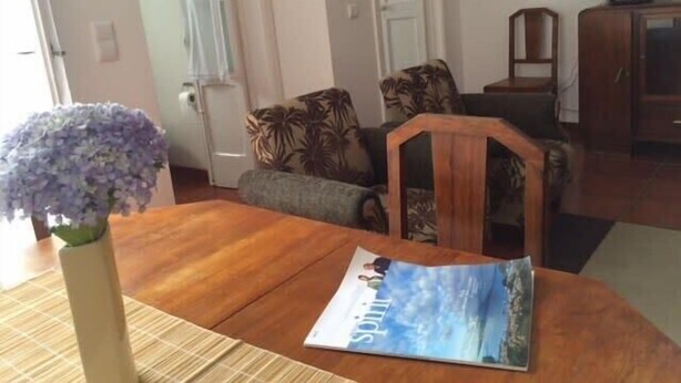 A living room with a wooden dining table, a magazine, a potted plant, and a sofa with patterned cushions.