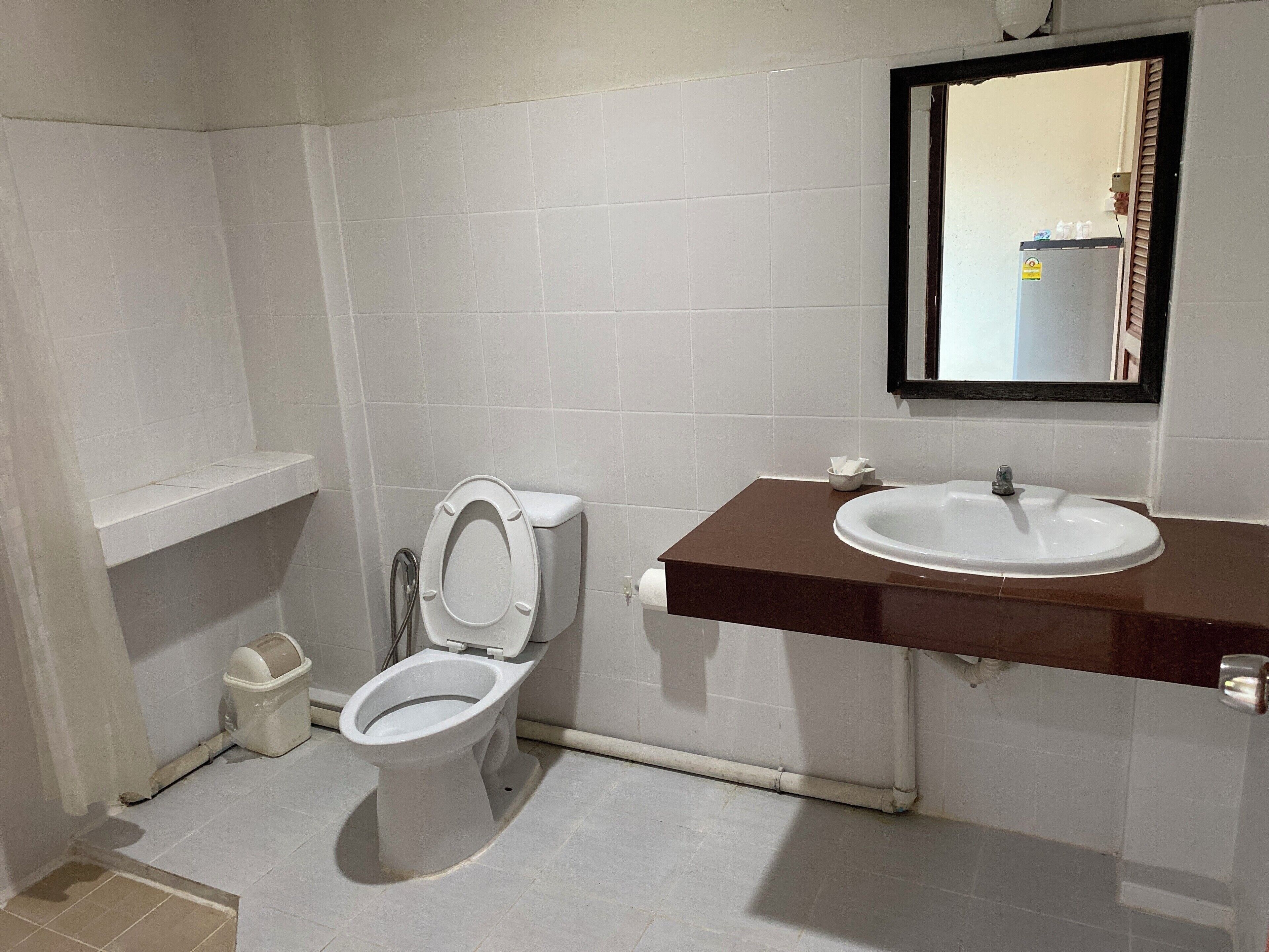 Un baño con inodoro, lavamanos y espejo.