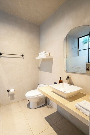 Hair dryer, towels, soap, shampoo