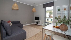 A modern living room with a grey sofa, a dining table with chairs, a TV on a stand, and a large window with a view of buildings.