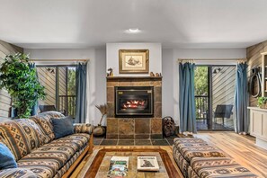 Smart TV, fireplace, books