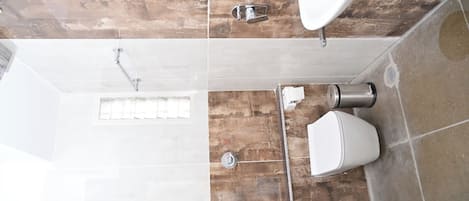 Une salle de bain avec douche, toilettes et lavabo.