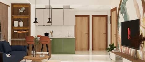 A modern living room with a sofa, coffee table, and chairs. There is a kitchen area with cabinets and a dining table.