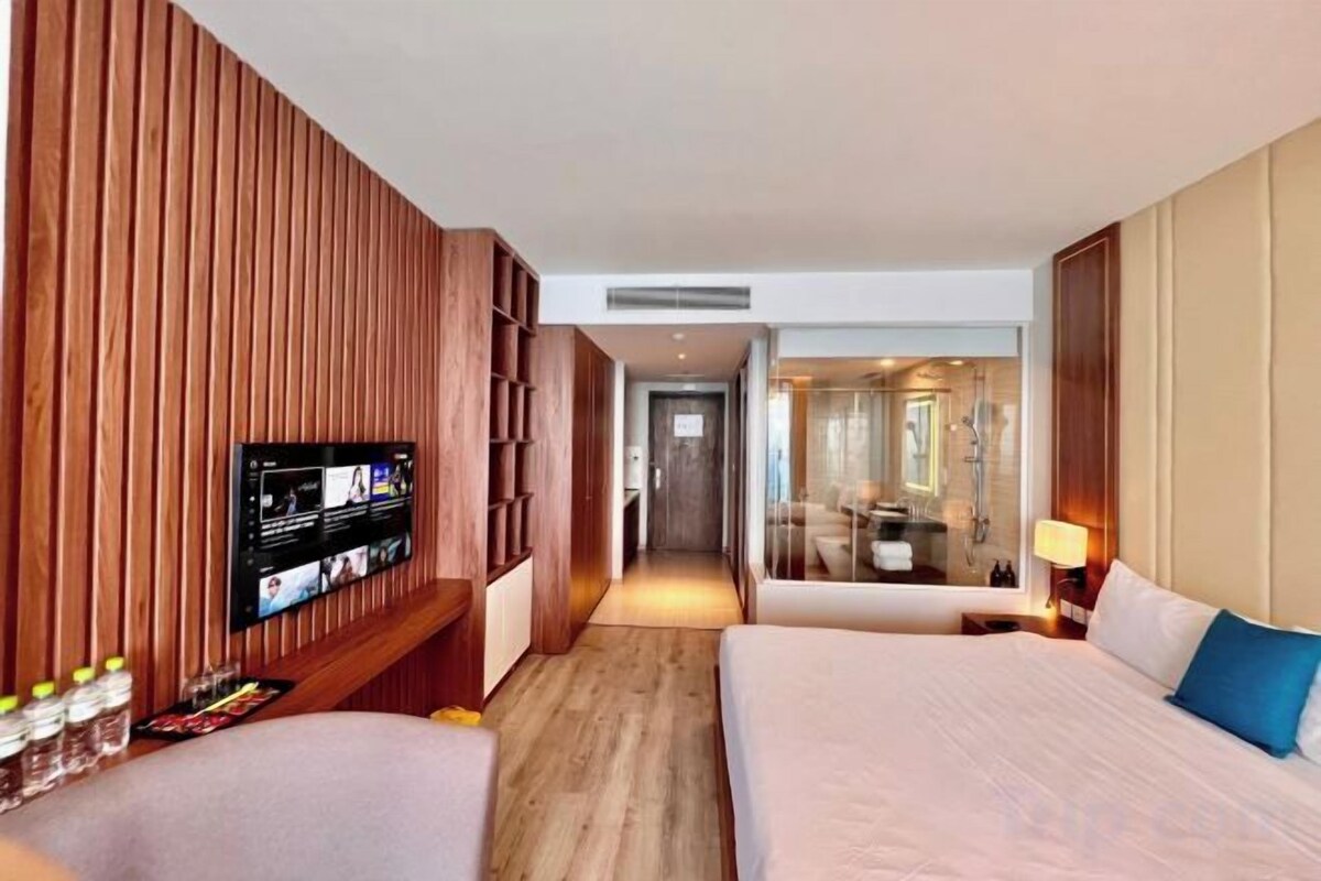 Desk, laptop workspace, blackout curtains, free WiFi