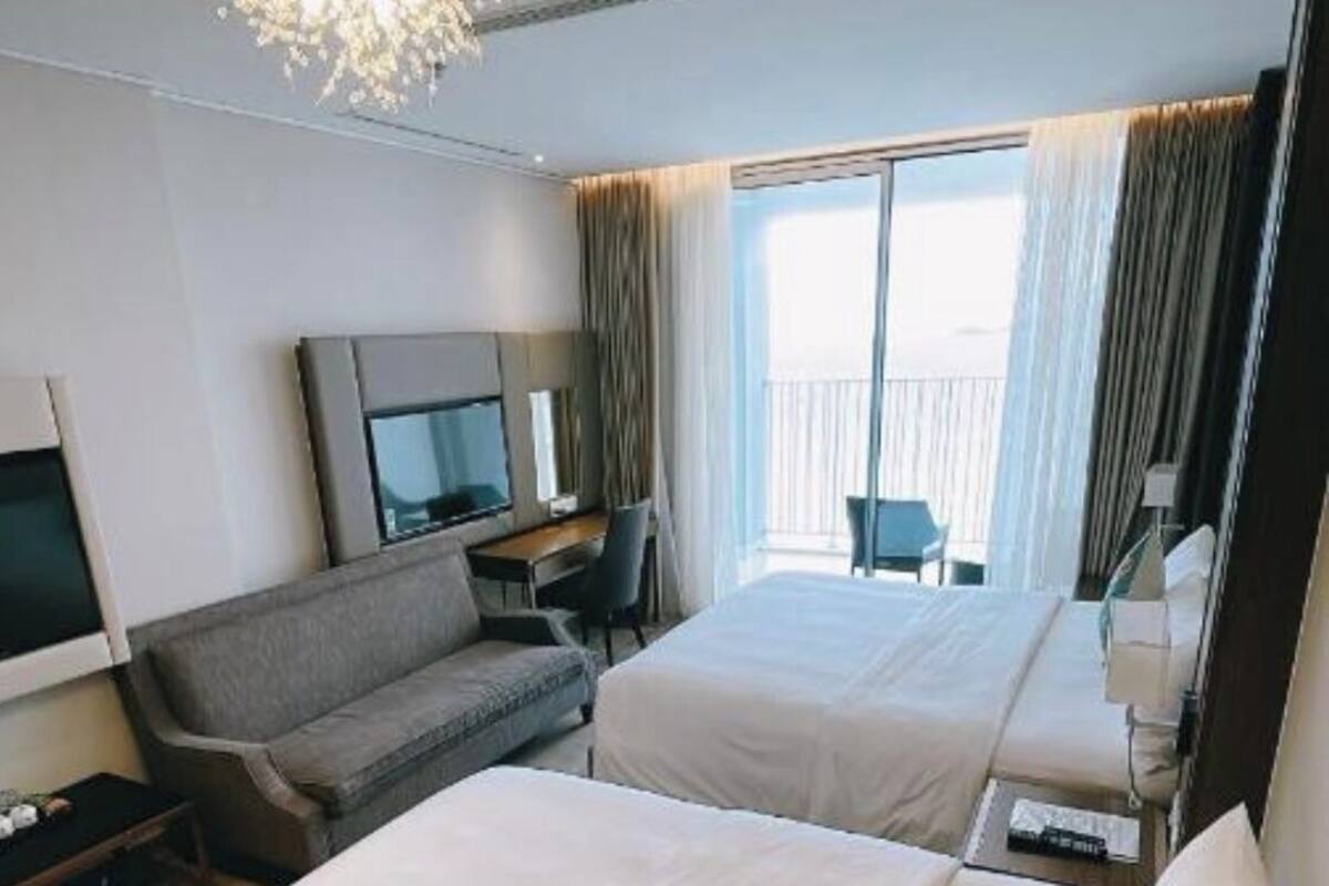 Desk, laptop workspace, blackout curtains, free WiFi