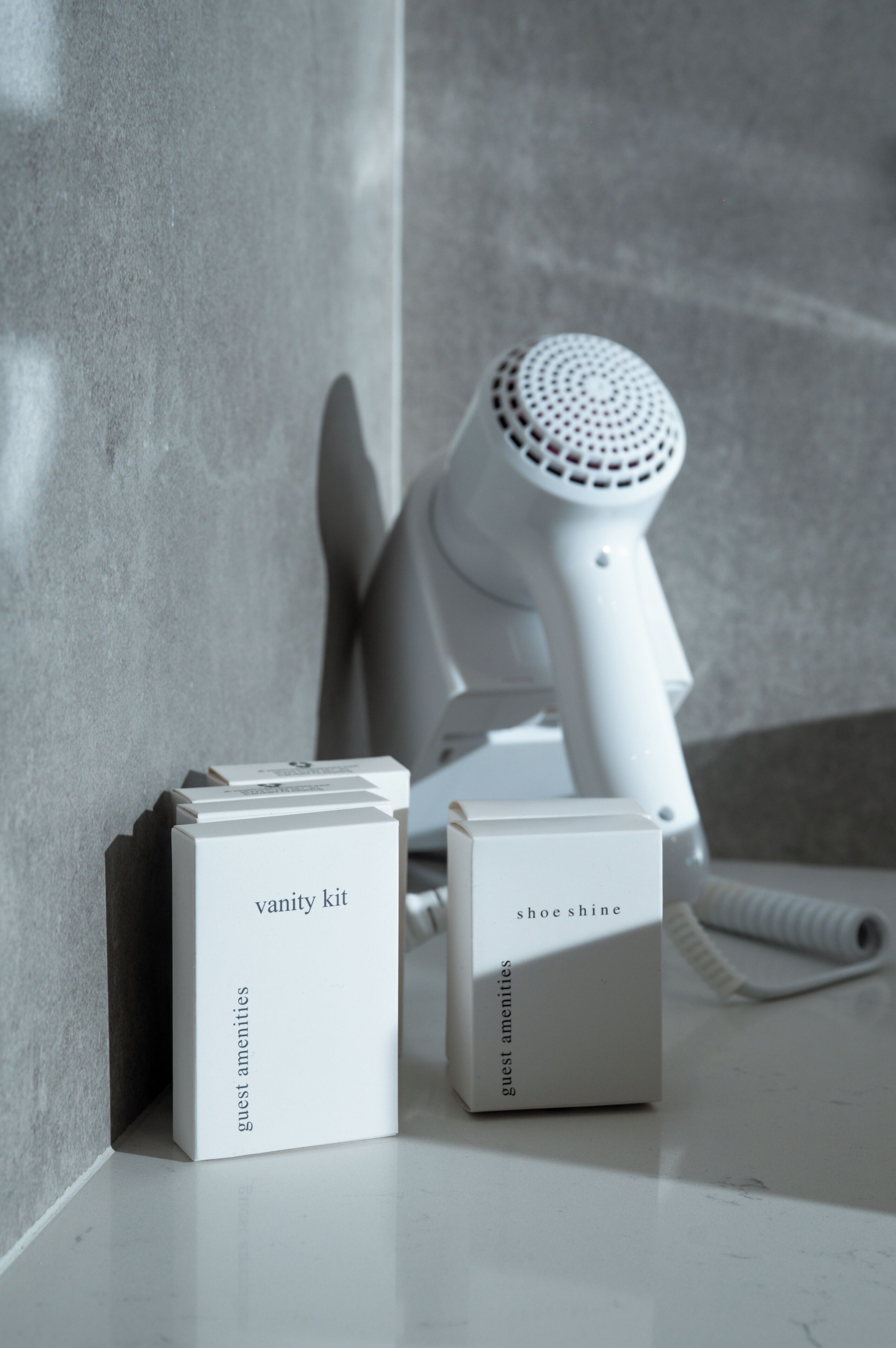 Un sèche-cheveux et deux boîtes étiquetées « nécessaire de toilette » et « produits pour cirer les chaussures » sont posés sur un comptoir.