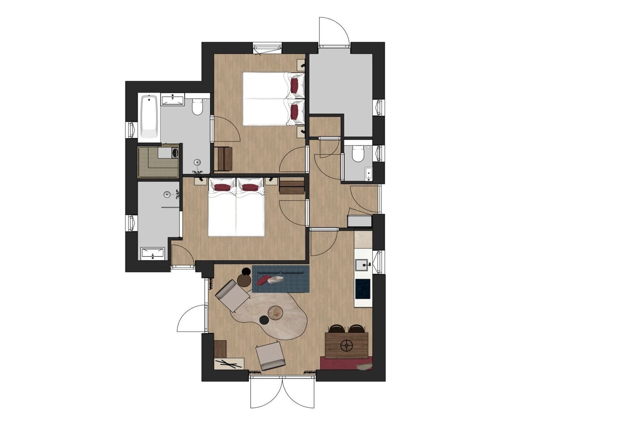 A hotel layout with a central living area, two bedrooms, a bathroom, and a kitchen.