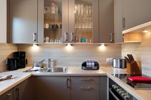 A modern kitchen with a built-in oven, a coffee maker, and a bread maker on the countertop. - Holiday Apartment 'Apart Annabell' with Mountain View, Private Terrace and Wi-Fi (Oetz)