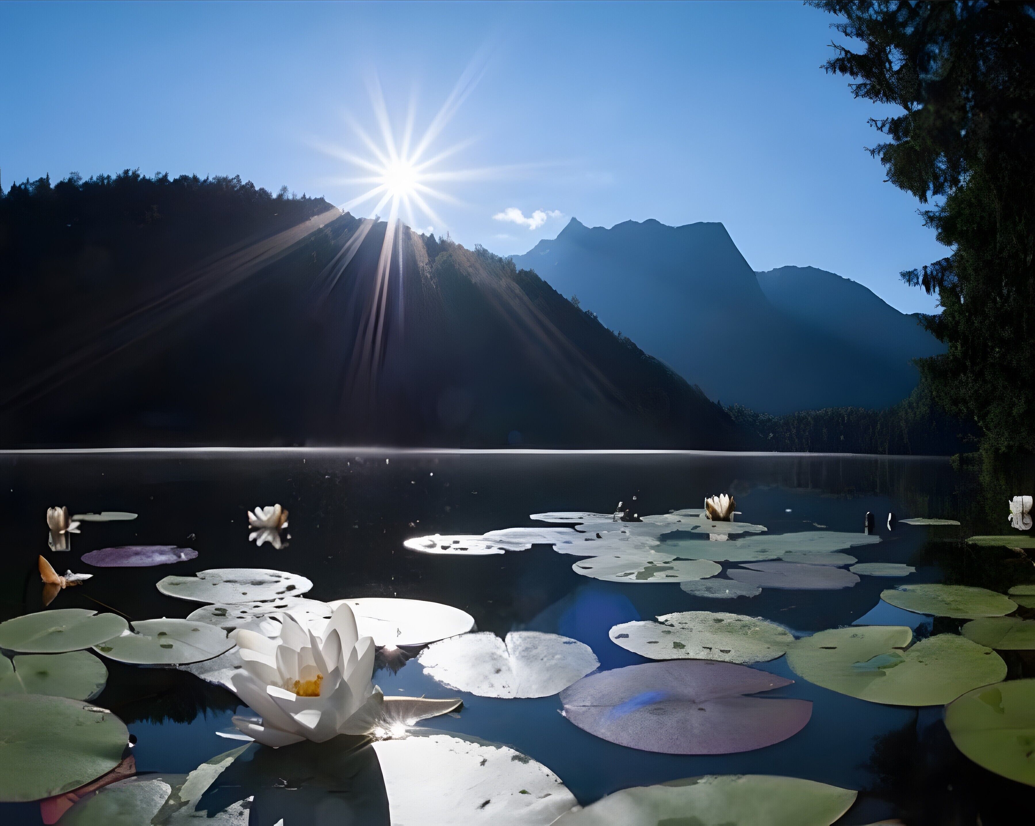 A serene lake with lily pads and a mountain backdrop.