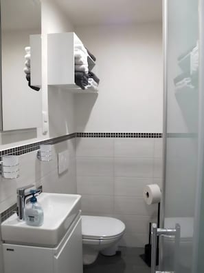 Ein Badezimmer mit weißem Waschbecken, einem Spiegel, einer Toilette und einer Duschkabine aus Glas.