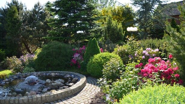 Un giardino con uno stagno in pietra circolare, arbusti e piante da fiore.