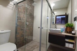 Shower, hair dryer, towels, soap