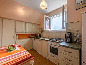 Fridge, oven, dishwasher, cookware/dishes/utensils