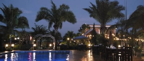 Outdoor pool, pool umbrellas, pool loungers