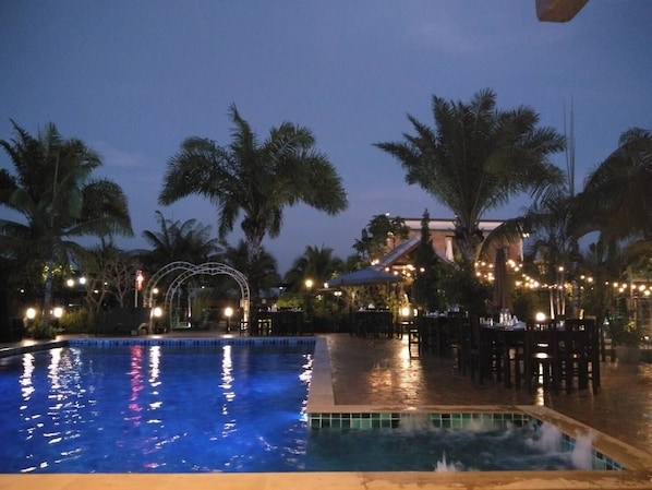 Outdoor pool, pool umbrellas, pool loungers