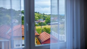 Vista a través de una ventana, con tejados rojos y un edificio amarillo en primer plano.