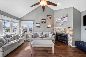 Smart TV, fireplace, books
