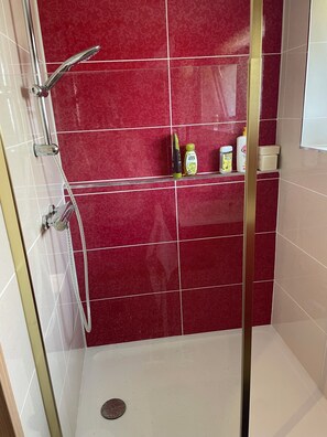 Shower, hair dryer, soap, shampoo