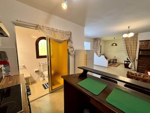 Een ruimtelijk ingedeeld woongedeelte met kitchenette, een badkamer met glazen deur en een eethoek met een bank.