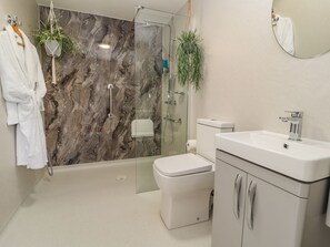 A modern bathroom with a glass-enclosed shower, a white toilet, and a sink with a mirror above it. - Mount House (Rhyl)