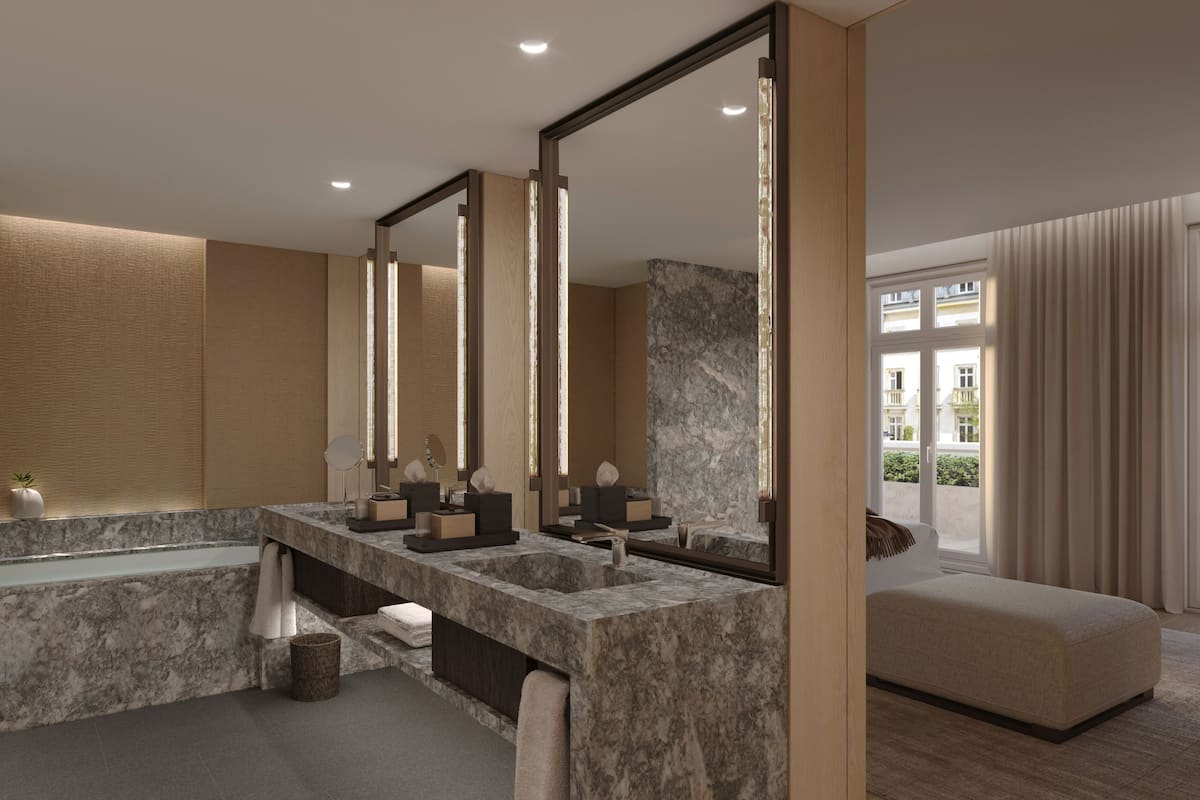 Deluxe-Studiosuite, Nichtraucher | Badezimmer | Designer-Toilettenartikel, Haartrockner, Bademäntel, Hausschuhe