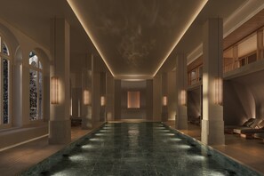Indoor pool, open 7:00 AM to 10:00 PM, pool umbrellas, sun loungers