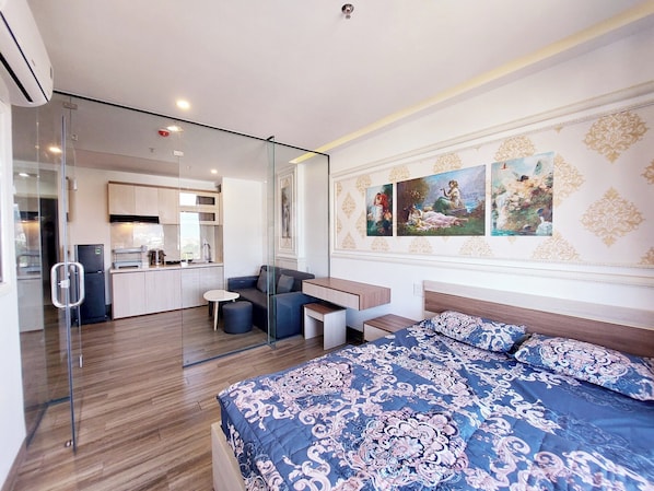 Apartamento, 1 quarto | 1 quarto, escrivaninha, Wi-Fi de cortesia, roupa de cama