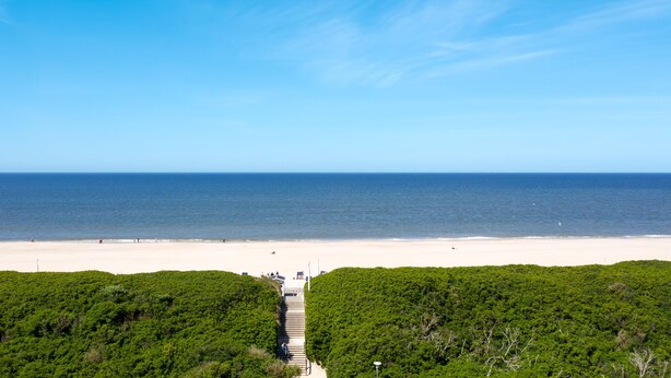 Ein Strand mit blauem Himmel, sandigem Ufer und einem Weg, der zum Strand führt.