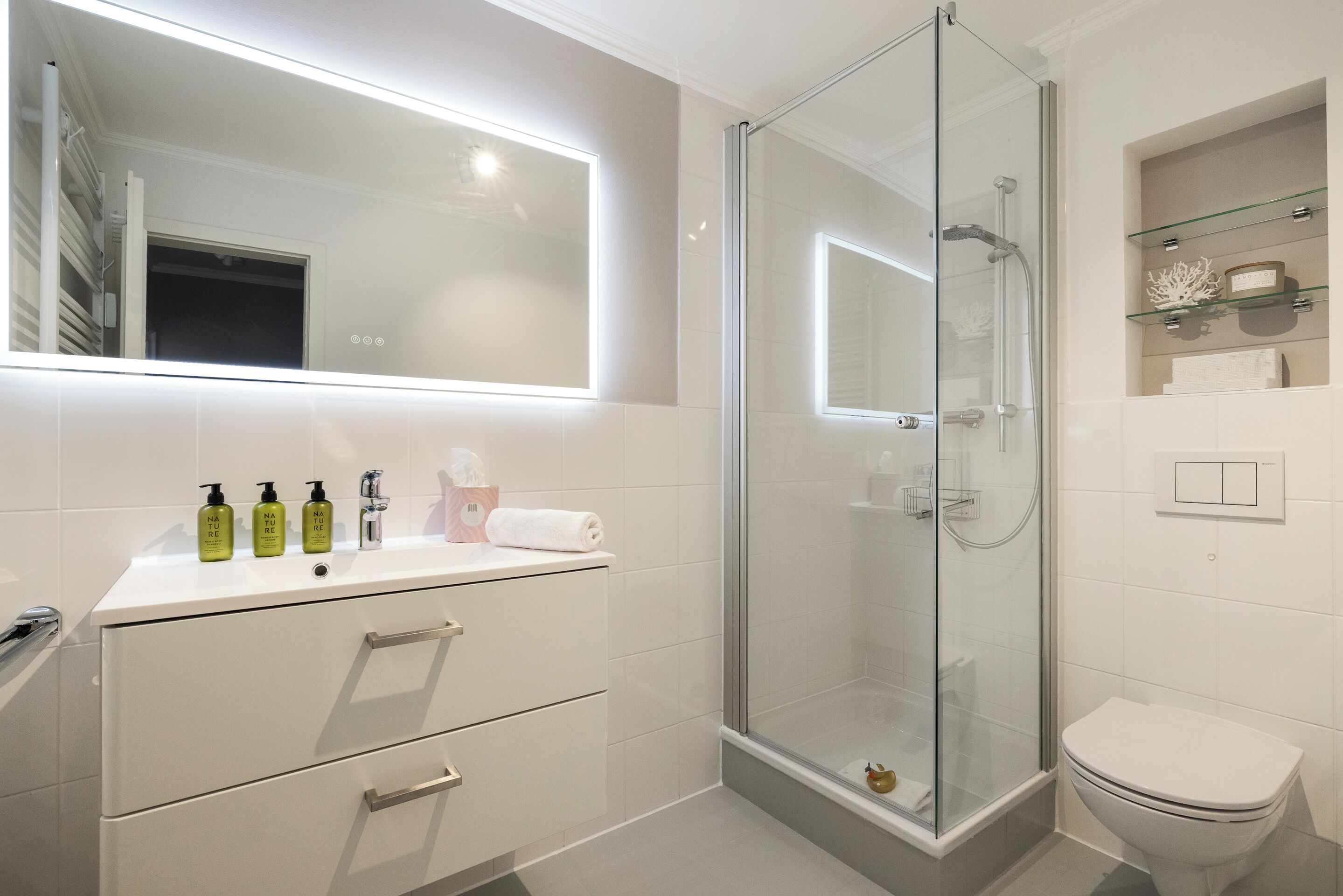 Ein modernes Badezimmer mit einer Duschkabine, einem weißen Waschbecken mit Pflegeprodukten und einer Toilette.