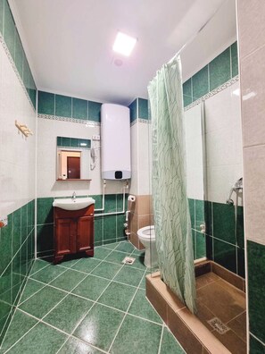 Buồng tắm vòi sen, máy sấy tóc, khăn tắm, xà phòng 