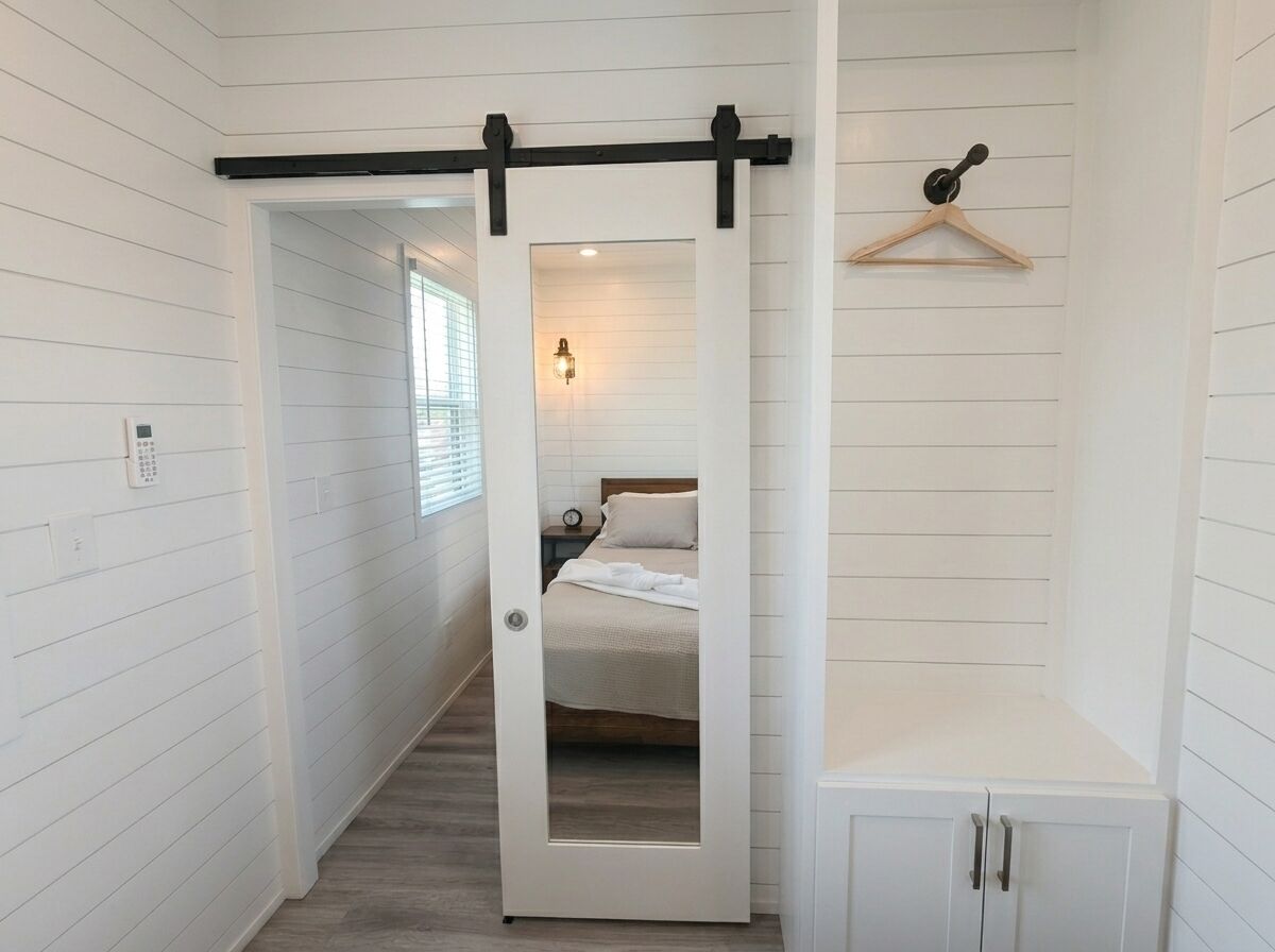 A hallway with a white door leading to a bedroom with a bed and a nightstand.