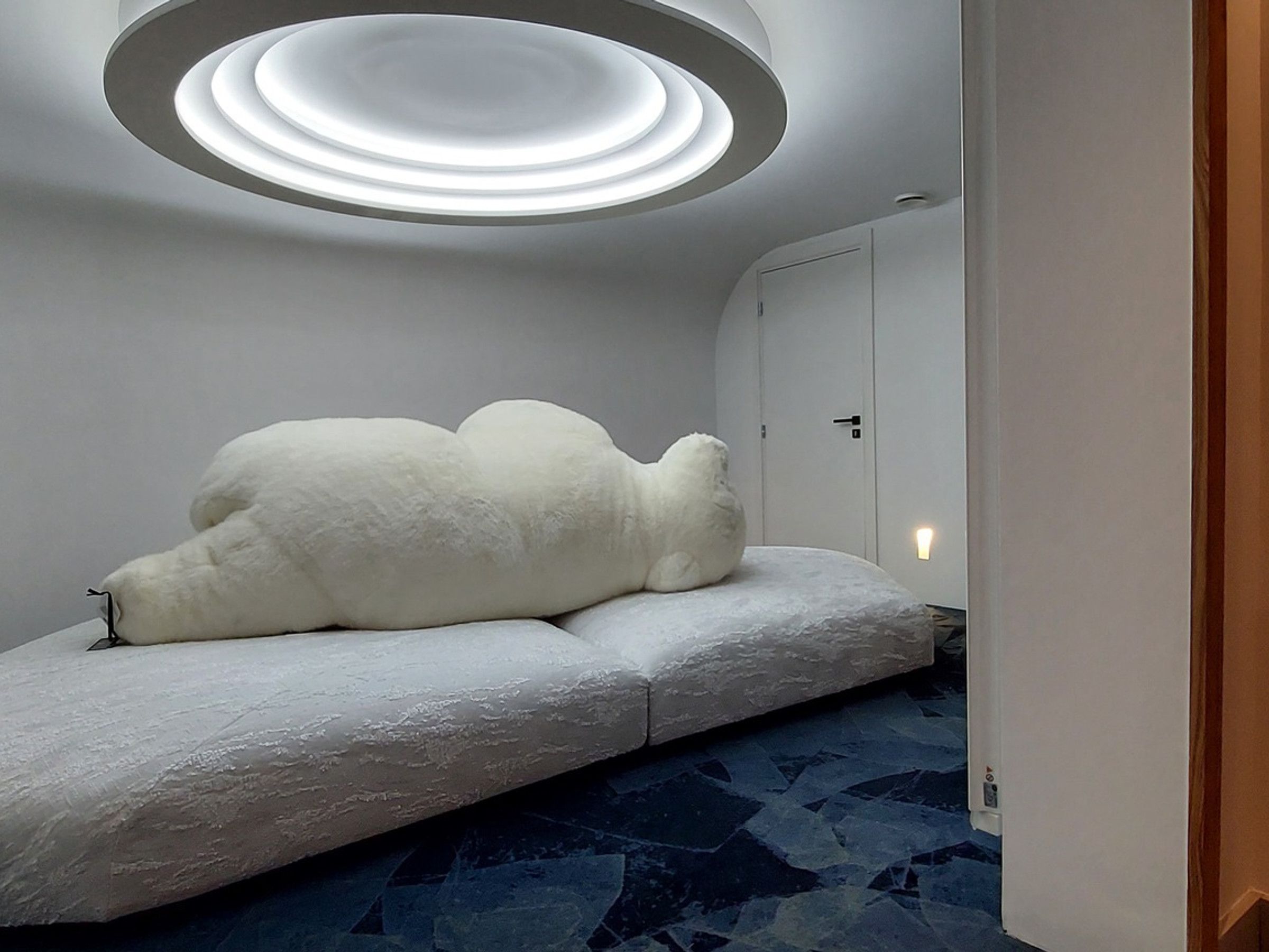 A room with a unique bed design, a circular ceiling light, and a door in the background.