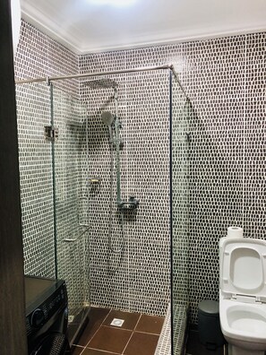Douche, serviettes fournies, savon, papier toilette