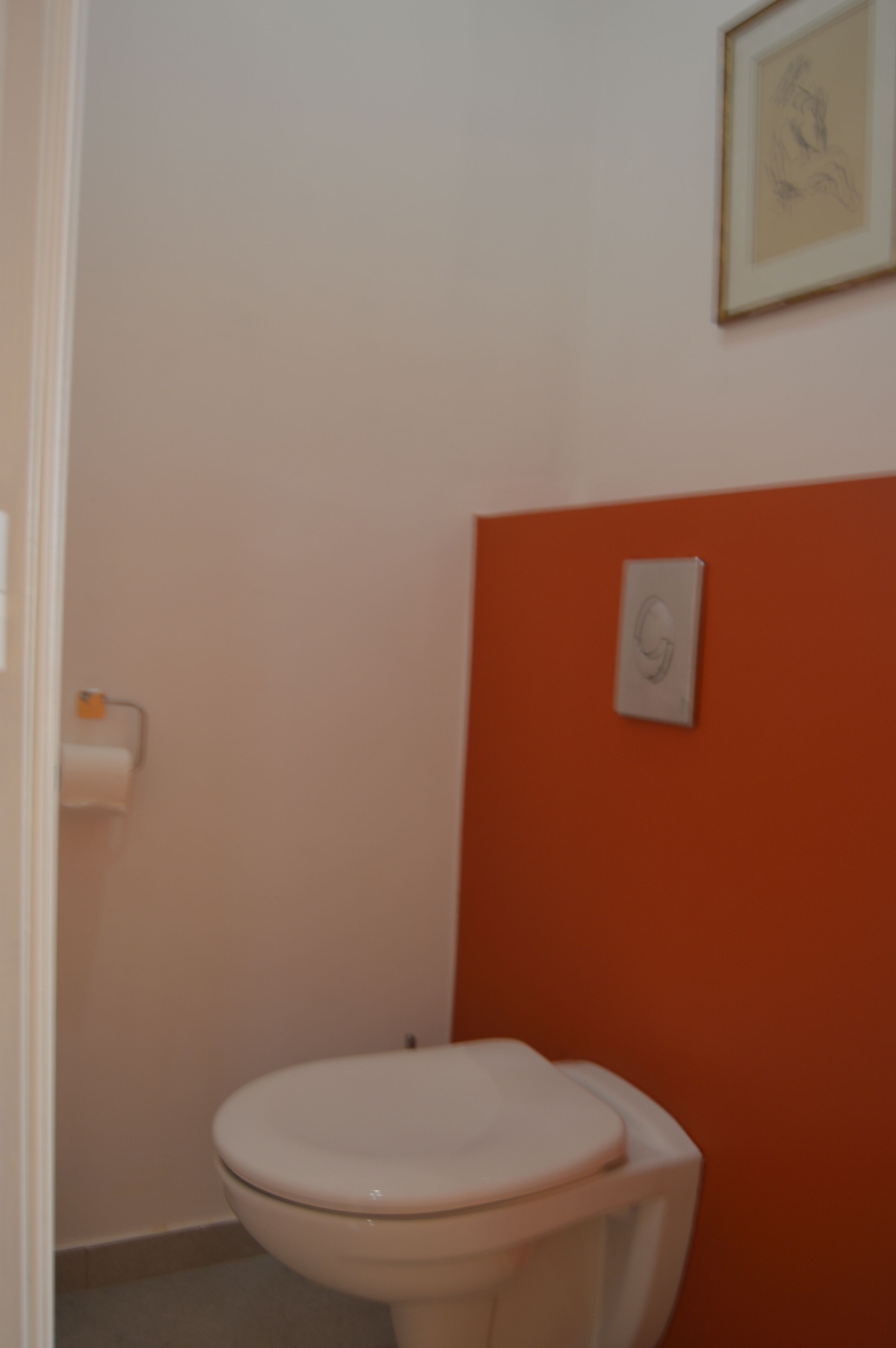 A bathroom with a white toilet, a roll of toilet paper on the wall, and a framed picture above the toilet.