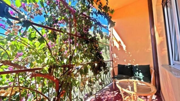 Ein Balkon mit roten Fliesen, einem Korbstuhl und einem Blumentopf.