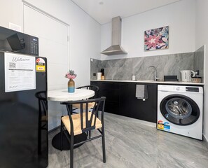 Fridge, microwave, stovetop, toaster