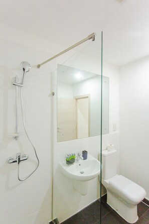 Dusche, Handtücher, Seife, Toilettenpapier