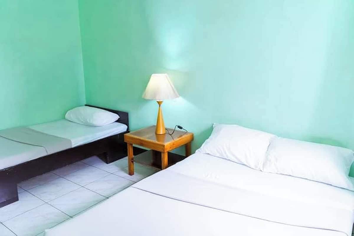 Una habitación con dos camas individuales, una mesita de noche con lámpara y pared verde.