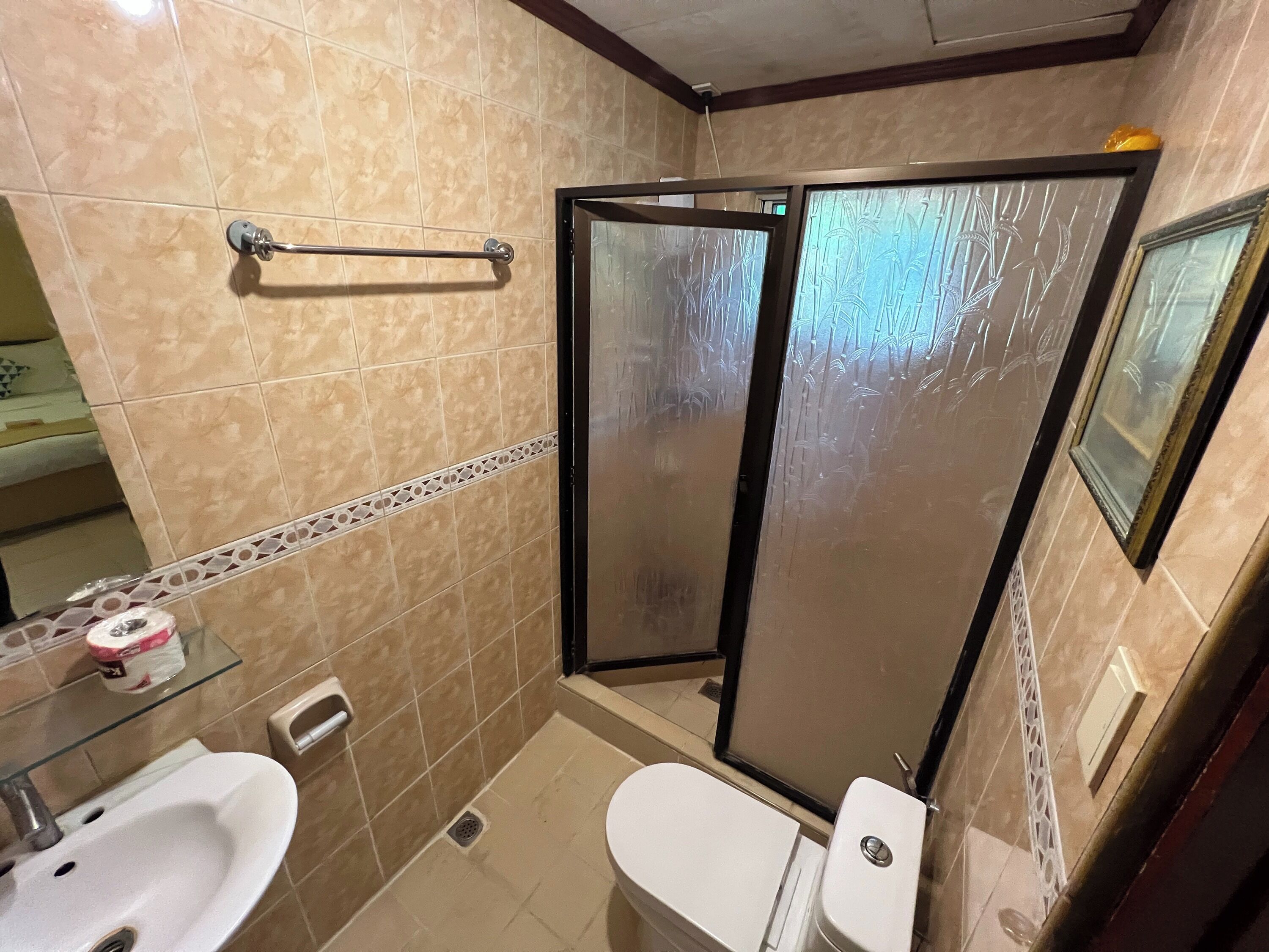 A bathroom with a toilet, sink, and shower area.