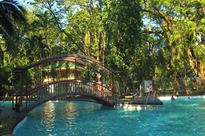 A swimming pool with a bridge, surrounded by trees. - Santillana Hillside Farms (Arayat)