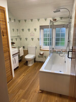 Hair dryer, towels, soap, toilet paper