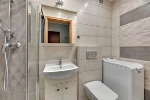 Ein modernes Badezimmer mit einer Duschkabine, einem weißen Waschbecken und einer Toilette.
