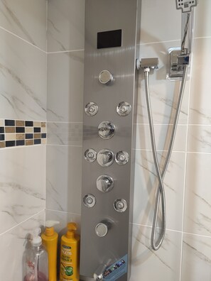 Hair dryer, towels, soap, shampoo