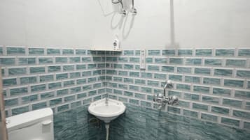 Shower, bathrobes, slippers, towels