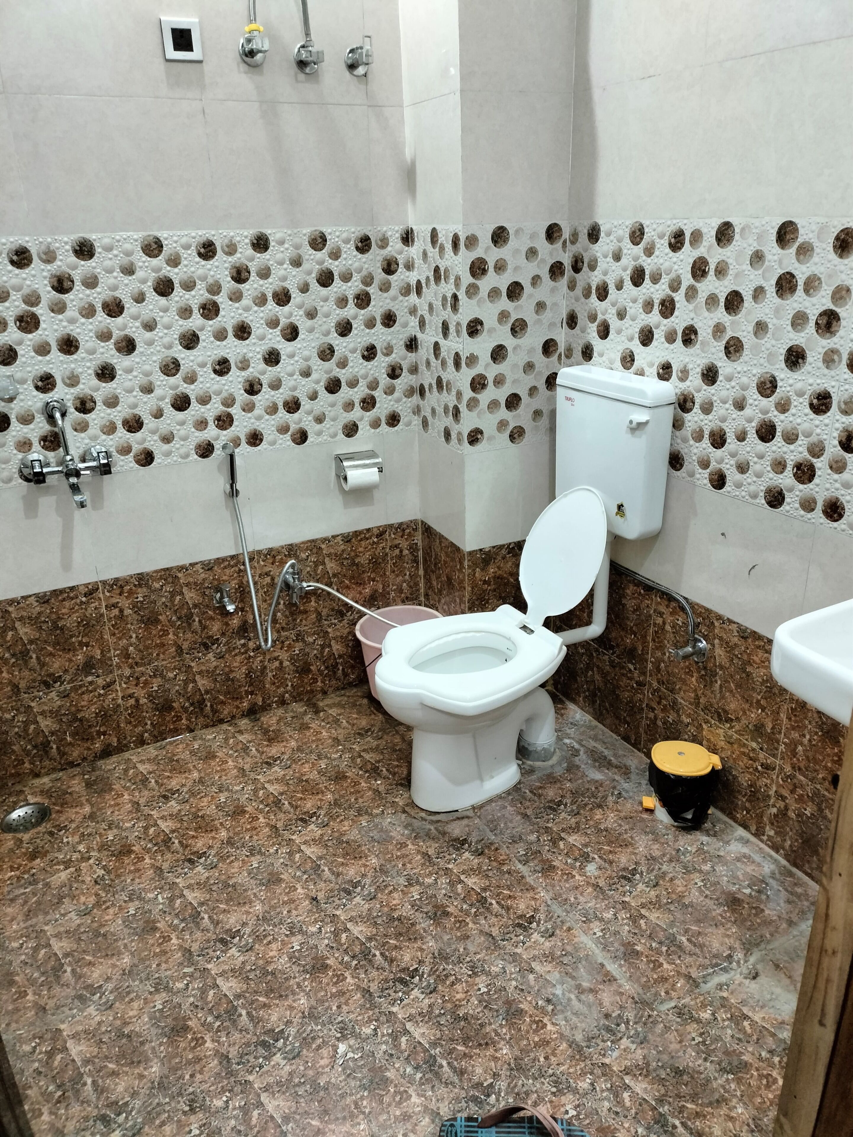 Une salle de bain comprenant des toilettes, un bidet, une douche et un lavabo.