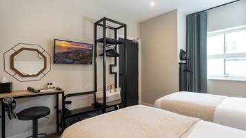 2 bedrooms, desk, laptop workspace, iron/ironing board