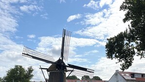 A traditional windmill with a water channel in front, surrounded by lush greenery and residential buildings.