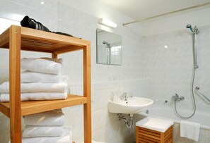 Hair dryer, towels, toilet paper