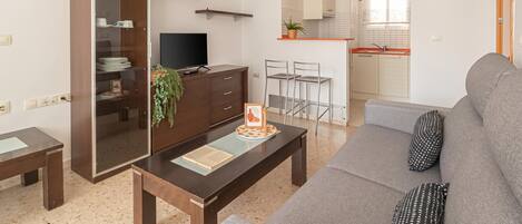 Una sala moderna con un sofá, una mesa de centro, un televisor y un armario con puerta corredera.