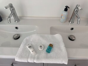 Douche, sèche-cheveux, serviettes fournies, savon